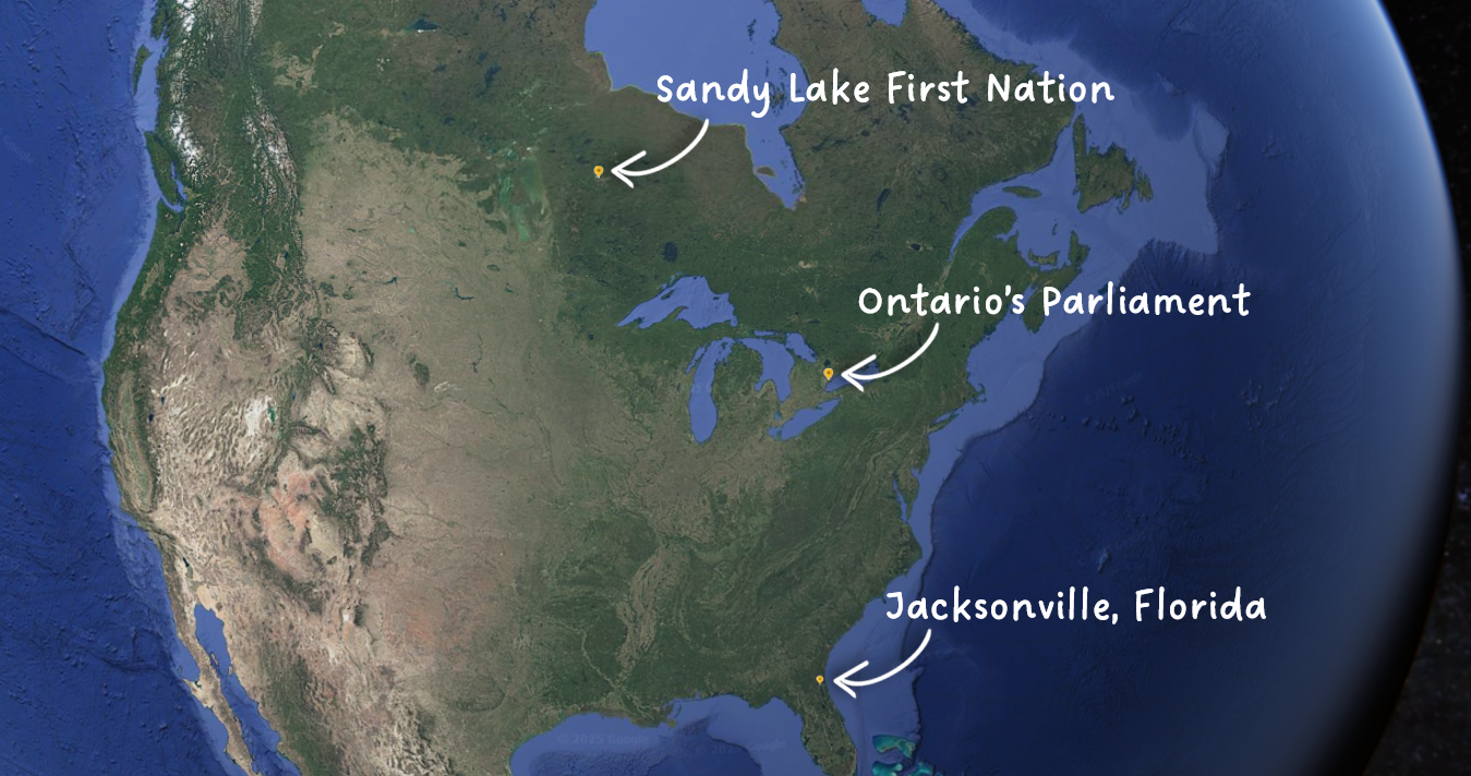 Globe showing Sandy Lake First Nation, Ontario's Parliament, and Jacksonville Florida